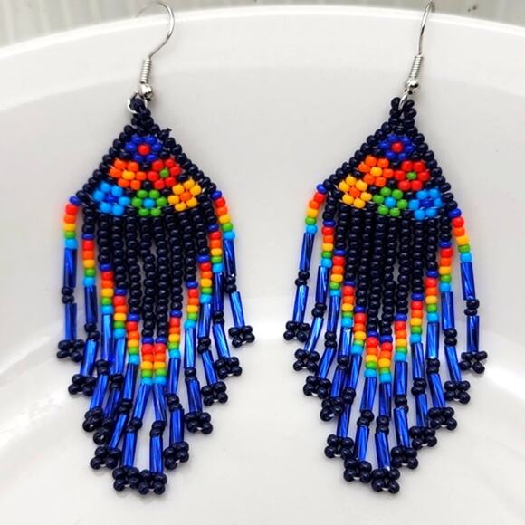 Free People Jewelry - Indigo Nomad Retro Blue Floral Beaded Dangle Earrings